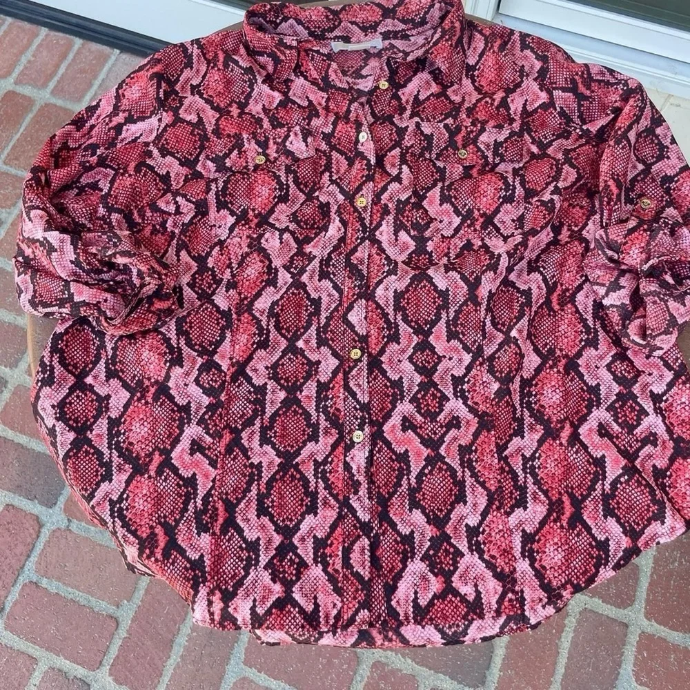 MICHAEL KORS silky red/copper snake print button down blouse sz 3X